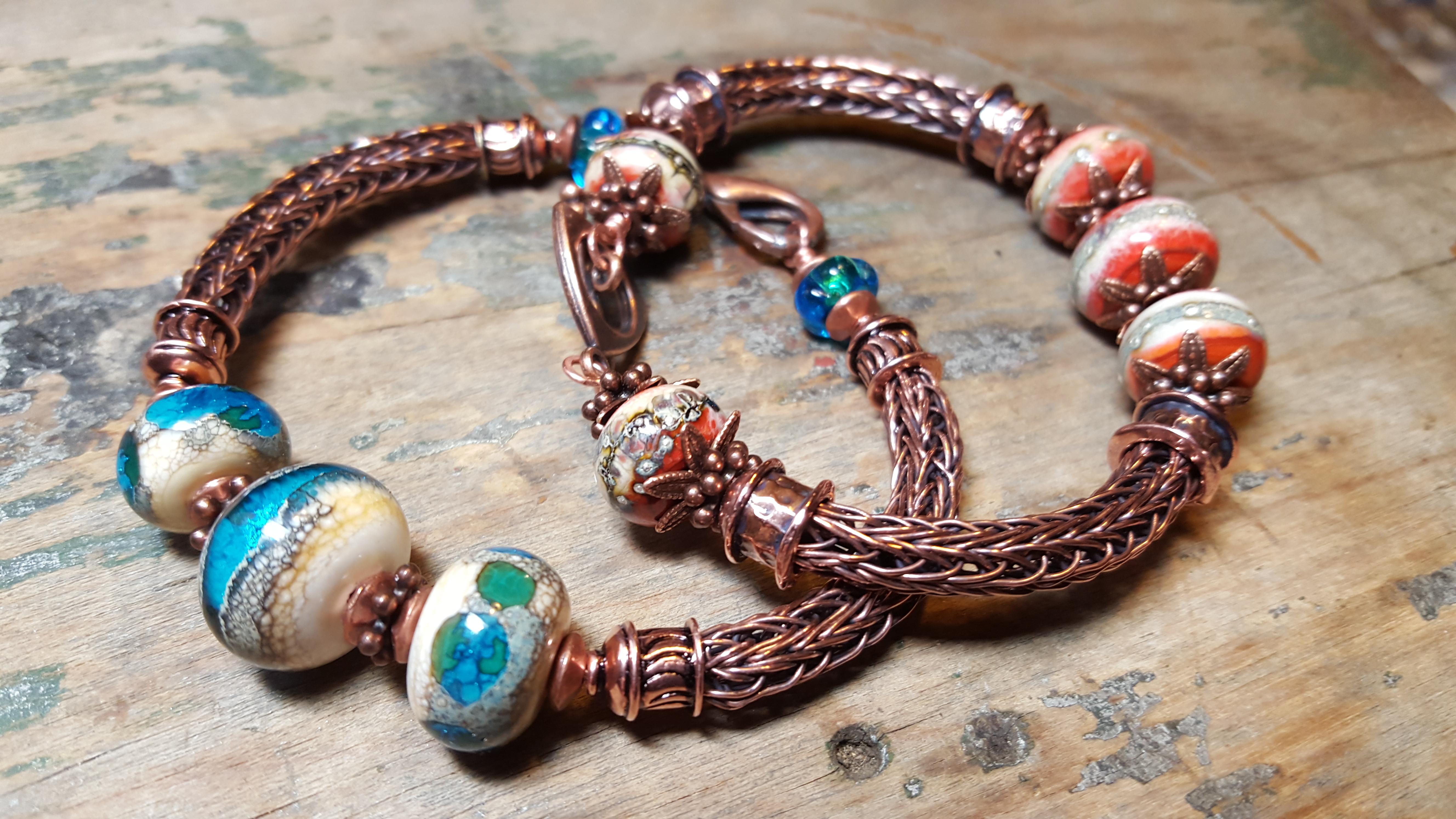 Woven wire copper lampwork bracelet