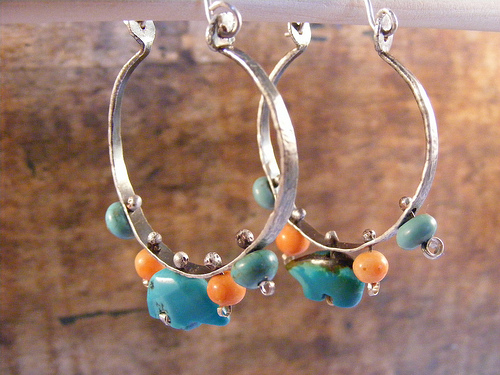 coral turquoise hoops earrings sterling bear fetish artisan
